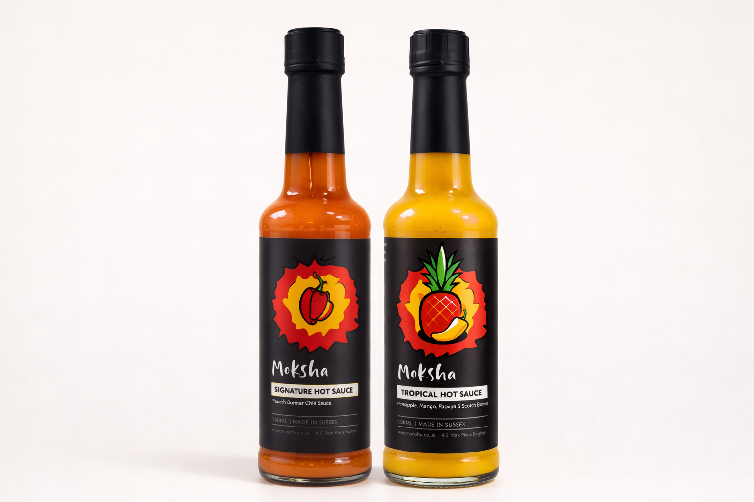 Moksha chilli sauces served in the café — Signature Scotch bonnet and Tropical fruit hot sauce